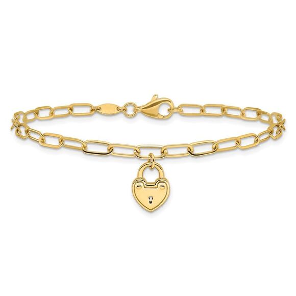 Kazi Luxury 14k Yellow Gold Polished Heart Lock Charm Paperclip Link Bracelet